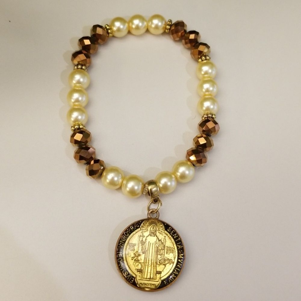 Handmade pearl and gold St.Benedict charm bracelet